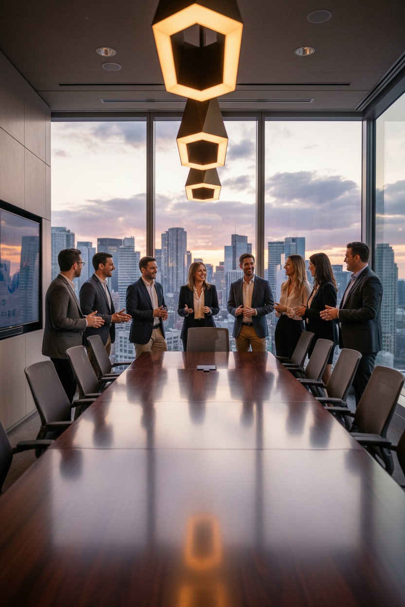 A diverse team of professionals in business attire stand and converse around a long conference table in a high-rise office with large windows overlooking a city skyline at sunset.