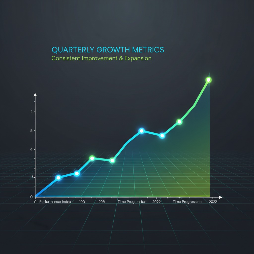 A glowing line graph titled Quarterly Growth Metrics shows an upward trend against a dark grid background.